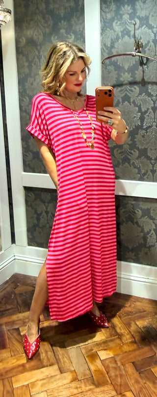 Pam V neck Stripe Red/ Pink Dress