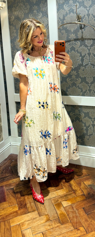 India Cotton Floral Dress Beige