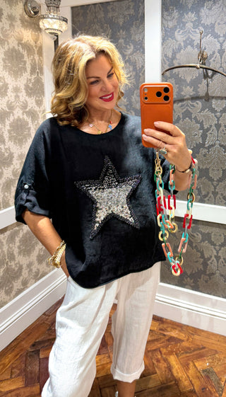 Trixie Linen T Shirt Sequin Star - Black