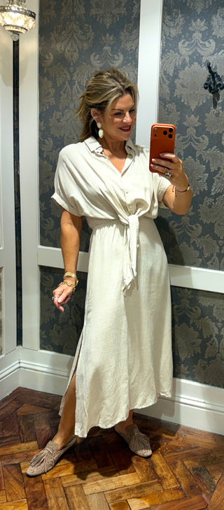 Florence Linen Blend Shirt Dress-  Beige