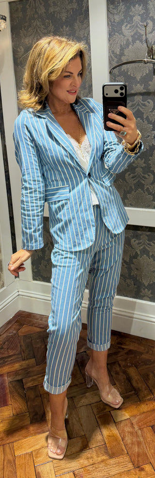 Bobbie Blue White with Subtle Lurex Stripe Pinstripe Suit