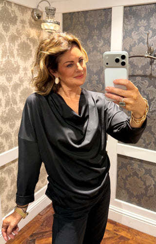 Grace Ruched Cowl Long Sleeve Top - Black