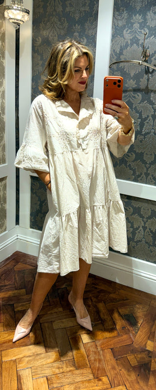 Nina Beige Cotton Sequin Detailed Dress