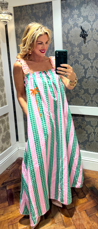 Susie Stripe Palm Maxi Cotton Dress -Pink Green
