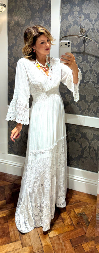 Calista long sleeve lace dress with beautiful detailing - White