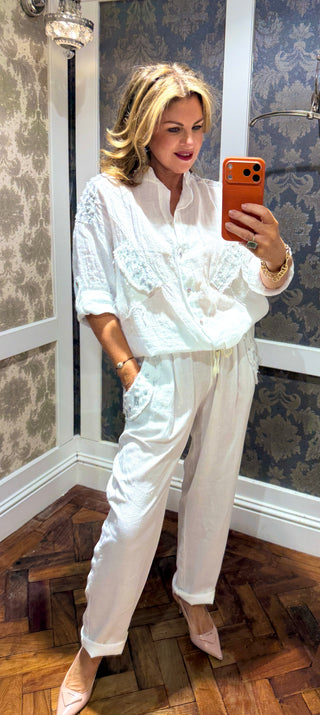 Angel Linen Trouser with Sequin Pocket - White