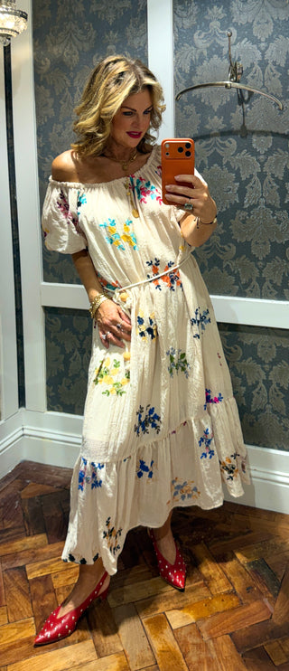 India Cotton Floral Dress Beige