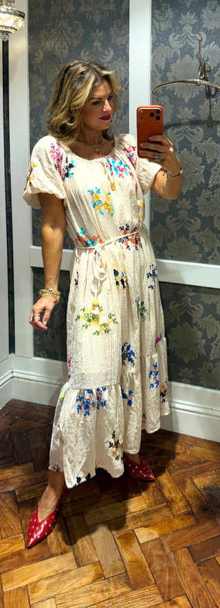 India Cotton Floral Dress Beige