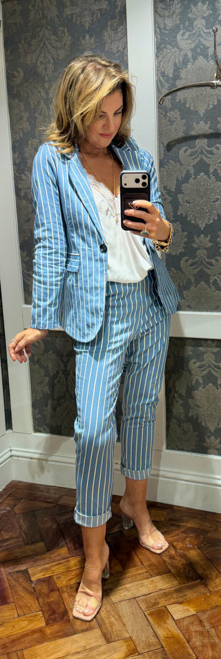 Bobbie Blue White with Subtle Lurex Stripe Pinstripe Suit