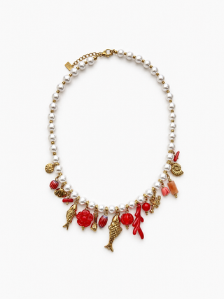 Necklace Pearl Fish Gem -Red