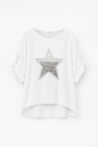 Trixie Linen Sequin Star T-shirt - White