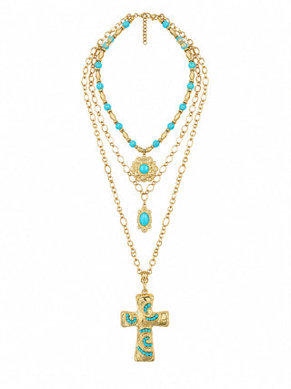 Necklace Cross Heart Multi  Layer Chain - Turq