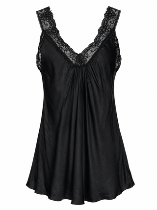 Satin Cami with lace neckline - black