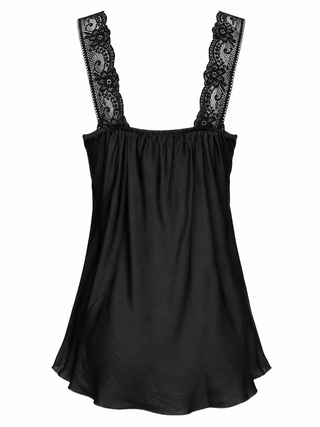 Satin Cami with lace neckline - black